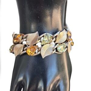 RARE VTG Coro Pegasus Leaf Bracelet Amber Peridot Rhinestone Des Pat Pend